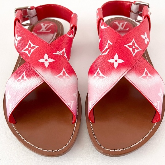 LOUIS VUITTON || Escale Palma Red Pink Ombré LV Monogram Logo Sandals EU 37.5 - Picture 4 of 13